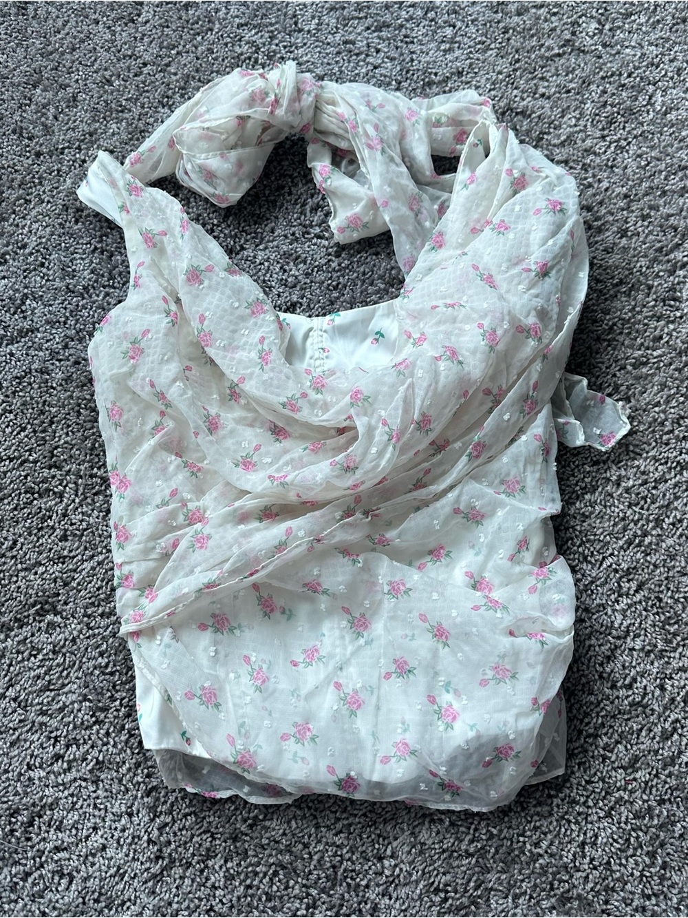 For Love & Lemons White Sheer Floral Scarf-Neck Blouse with Pink Roses